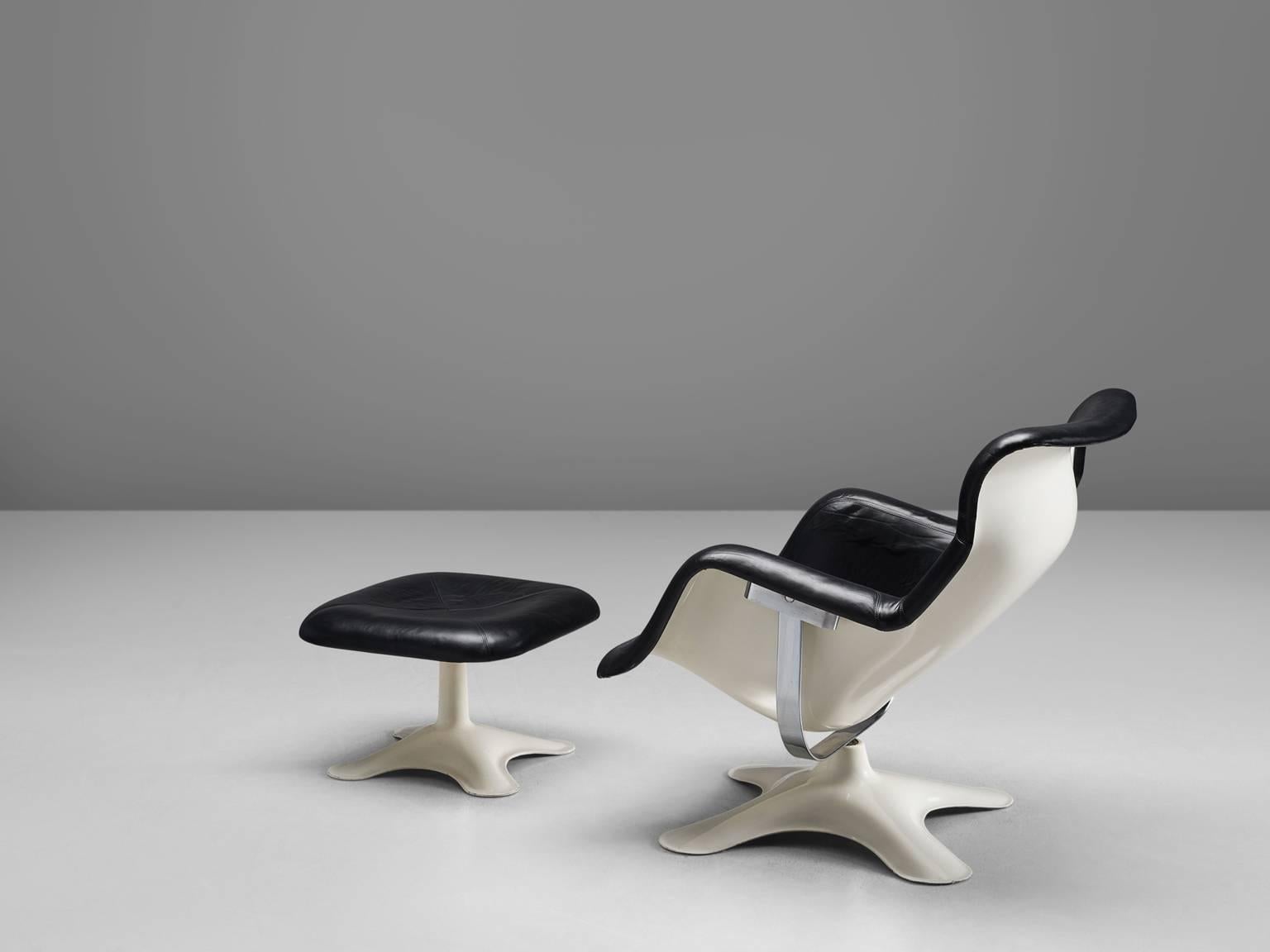 Mid-Century Modern Yrjö Kukkapuro 'Karuselli' Lounge Chair in Black Leather with Stool