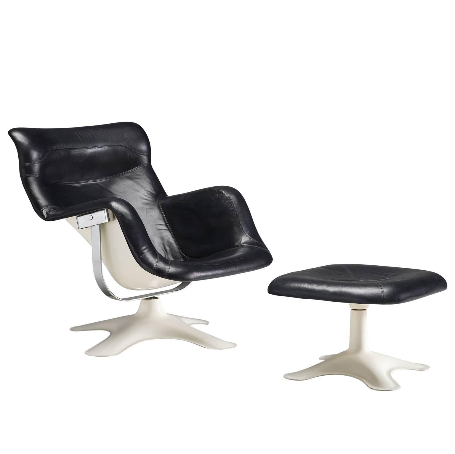Yrjö Kukkapuro 'Karuselli' Lounge Chair in Black Leather with Stool