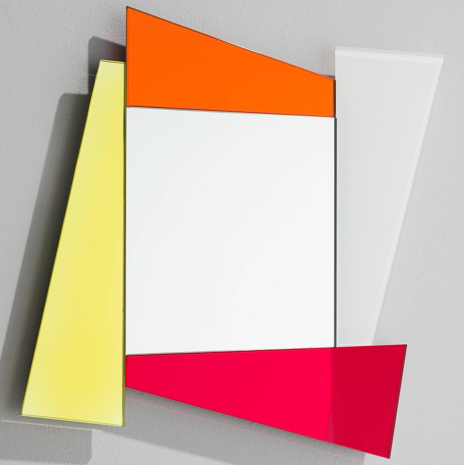 Ettore Sottsass for Glas, mirror, glass, Italy, design 1970s, production later.

Ettore Sottass designed this wall mirror in the 1970s, the era in which bold colors and shapes where used frequently. The mirror consists of various shapes and sizes