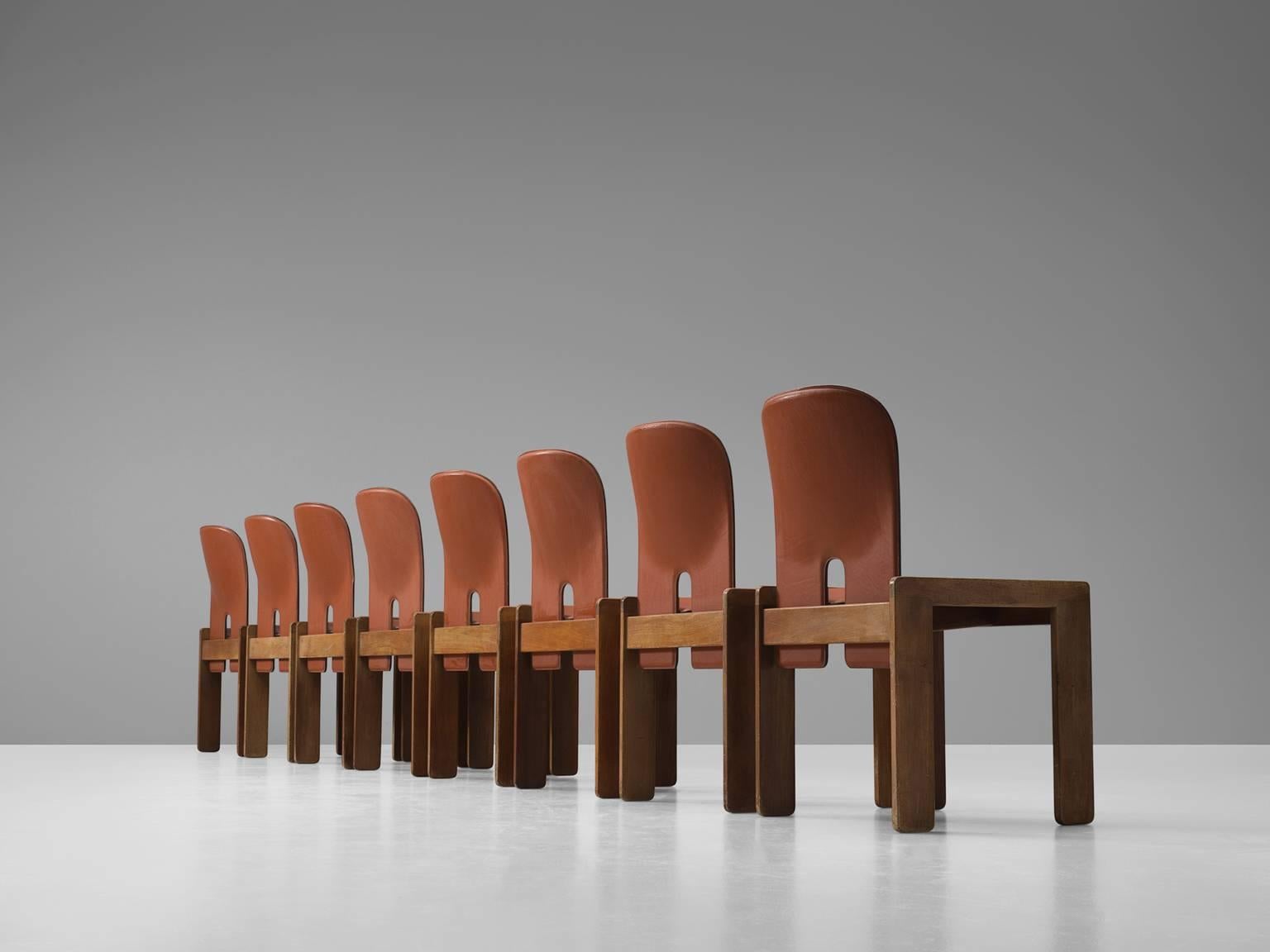 Mid-Century Modern Afra & Tobia Scarpa Chairs in Brick Red Leather and Walnut for Cassina