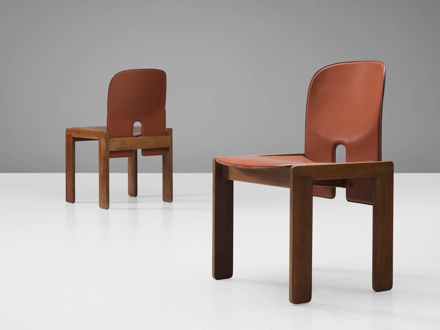 Italian Afra & Tobia Scarpa Chairs in Brick Red Leather and Walnut for Cassina
