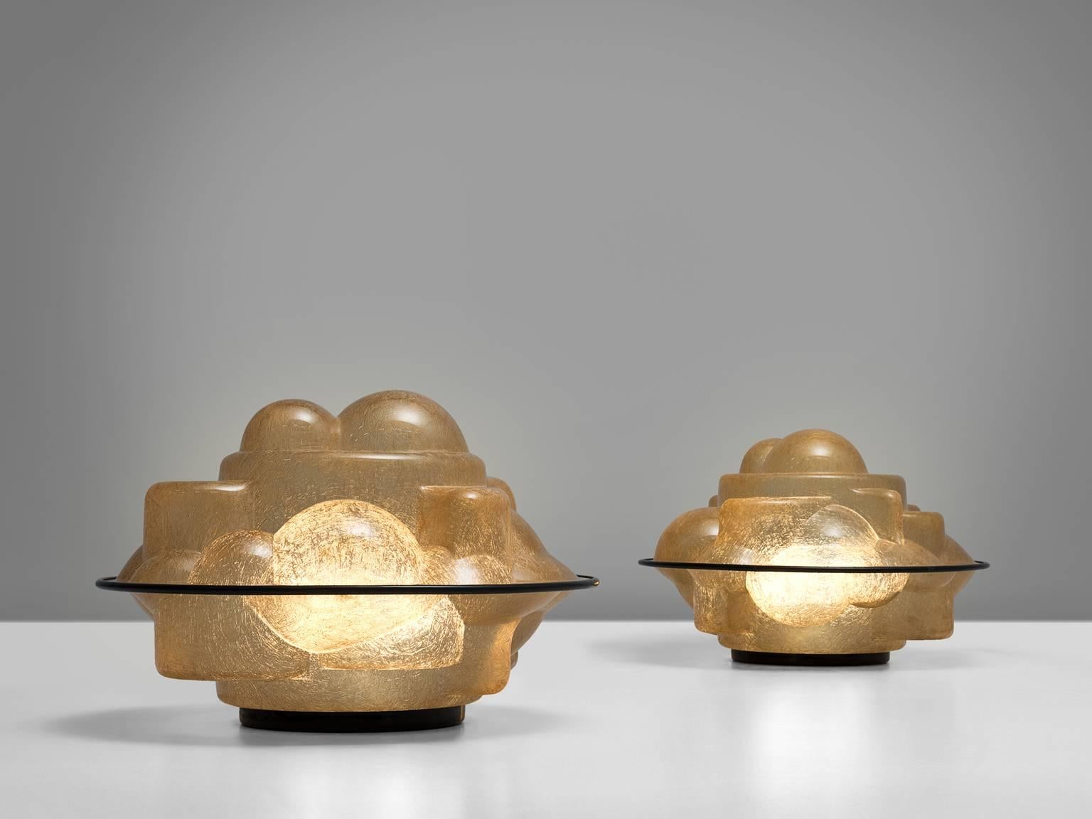 Sergio Asti for Martinelli Luce, 'Profiterole' table lamps, fiberglass and metal, Italy, 1970.

This set of 'Profiterole' table lamps are a treat for the eye. The colour of the fiberglass is ocre to golden yellow and have a wonderful light