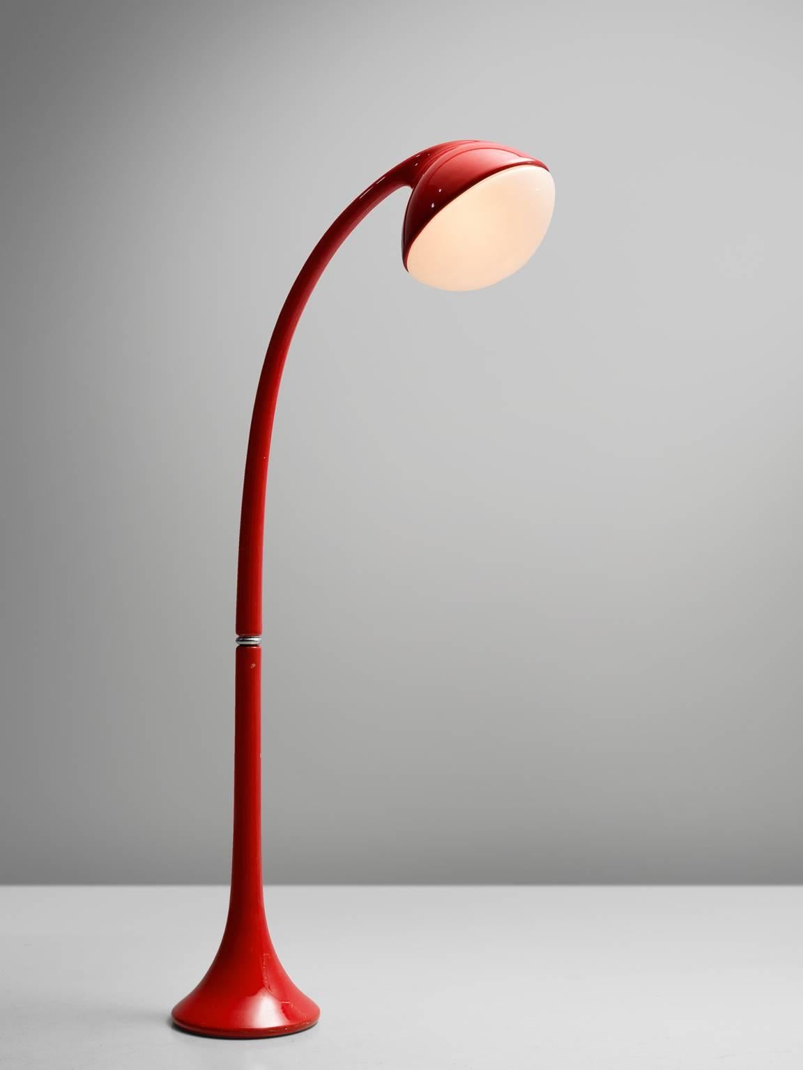 Floor lamp 'Lampione', in steel and Lucite, by Fabio Lenci for Guzzini, Italy, 1971.

A bright red edition of 'Lampione' floor lamp by Fabio Lenci for Guzzini. A sculptural shaped steel frame, coated with polyurethane coating and a frosted Lucite
