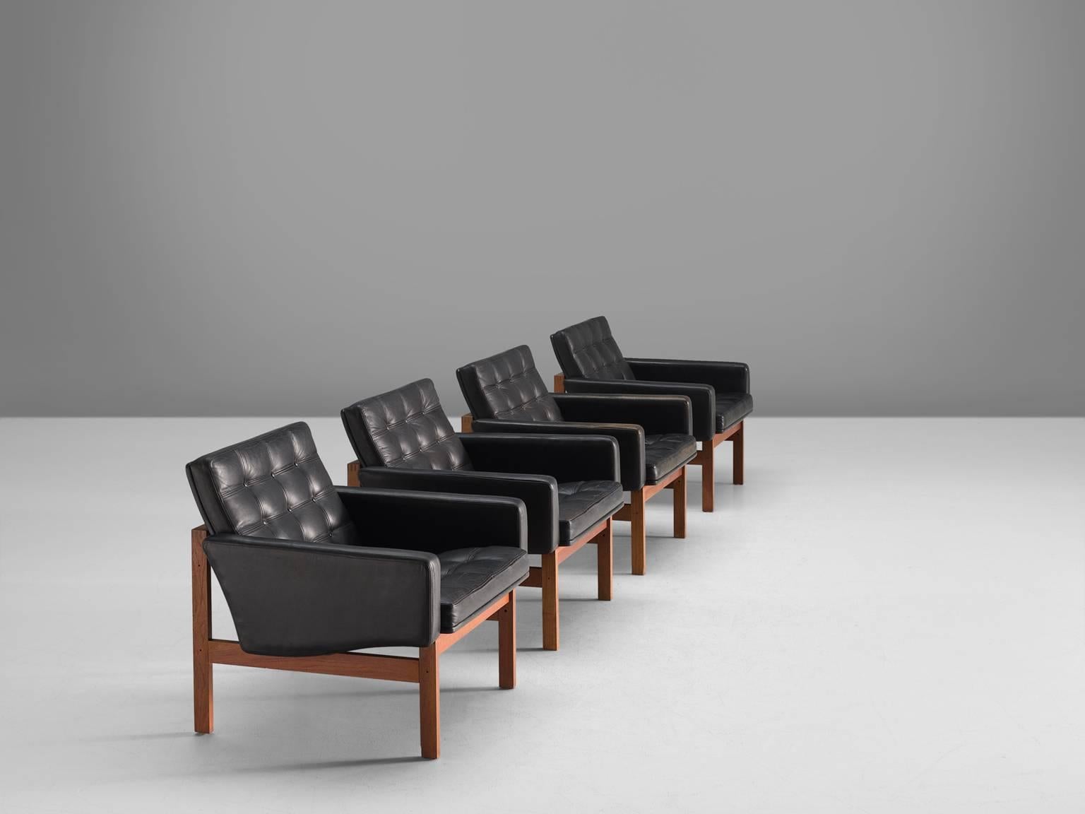 Ole Gjerløv-Knudsen by France & Søn, 'Moduline', living room suite consisting of four easy chairs, leather and teak, Denmark, 1962. 

Modern and beautiful modular living room set that can be adjusted. These chairs form an extraordinary stately set,