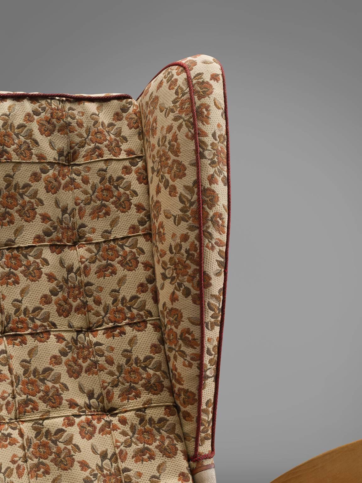 Fabric English Wingback Armchair in Beech, 1940s