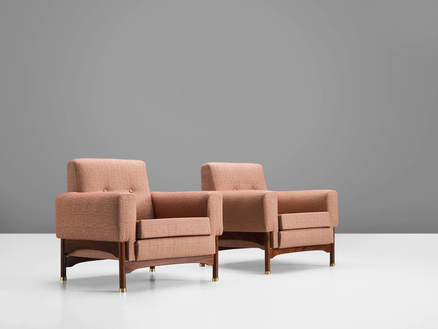 Mid-Century Modern Pair of Luxurious Italian Rosewood Armchairs in Pink with Brass