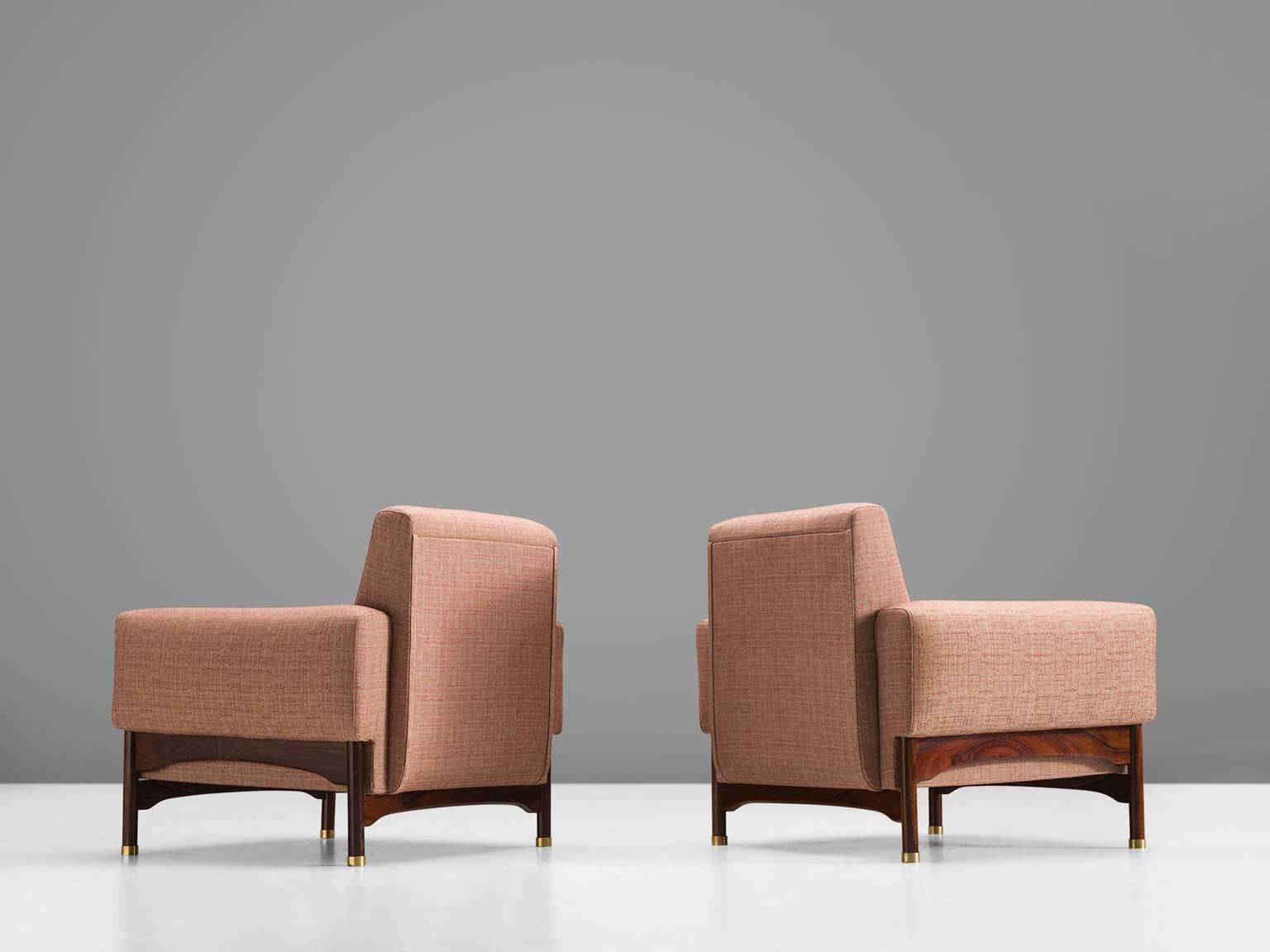 Mid-20th Century Pair of Luxurious Italian Rosewood Armchairs in Pink with Brass