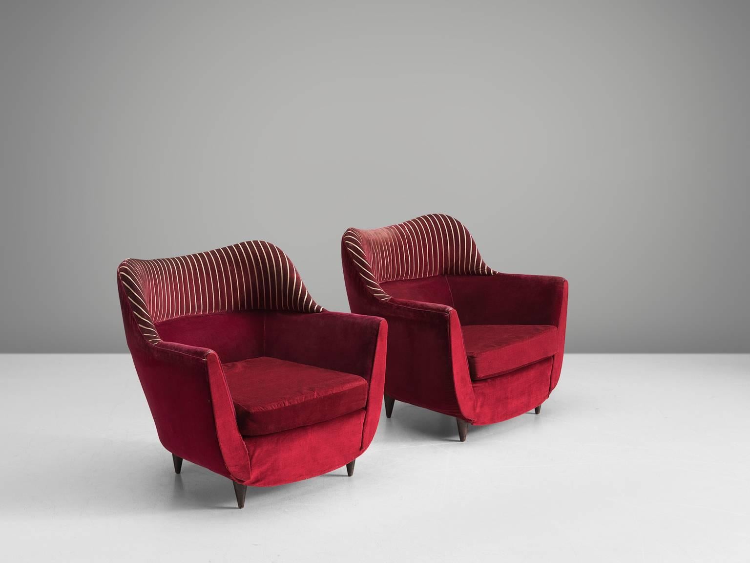 Mid-Century Modern Italian Club Chairs in Deep Red Fabric, 1950s