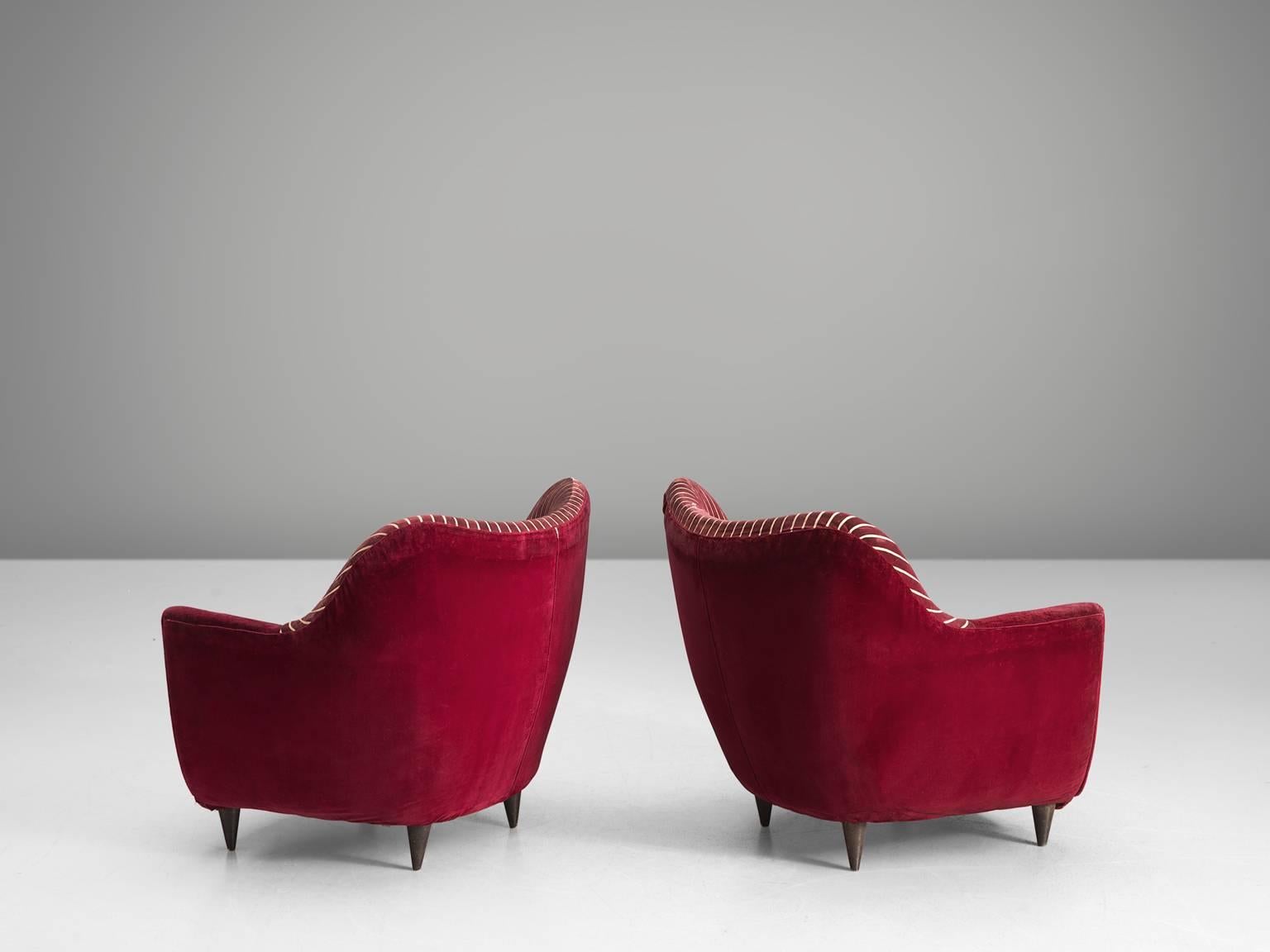 Mid-20th Century Italian Club Chairs in Deep Red Fabric, 1950s
