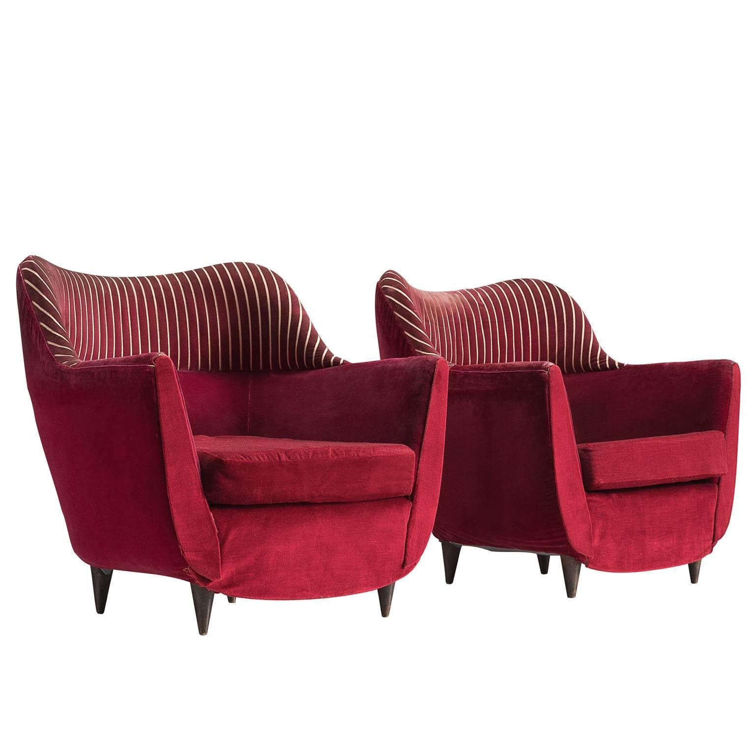 Italian Club Chairs in Deep Red Fabric, 1950s