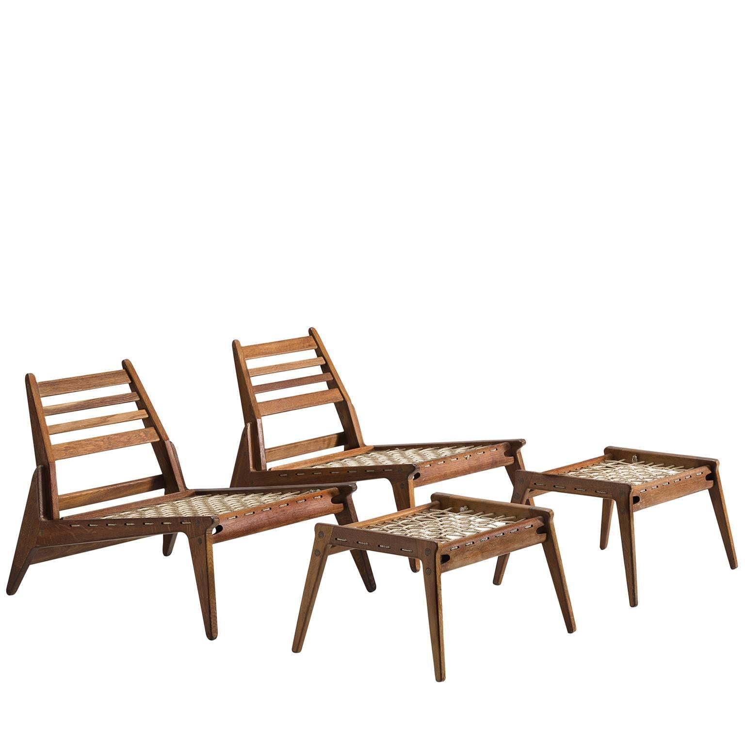 Set of Midcentury Easy Chairs with Ottomans in Oak