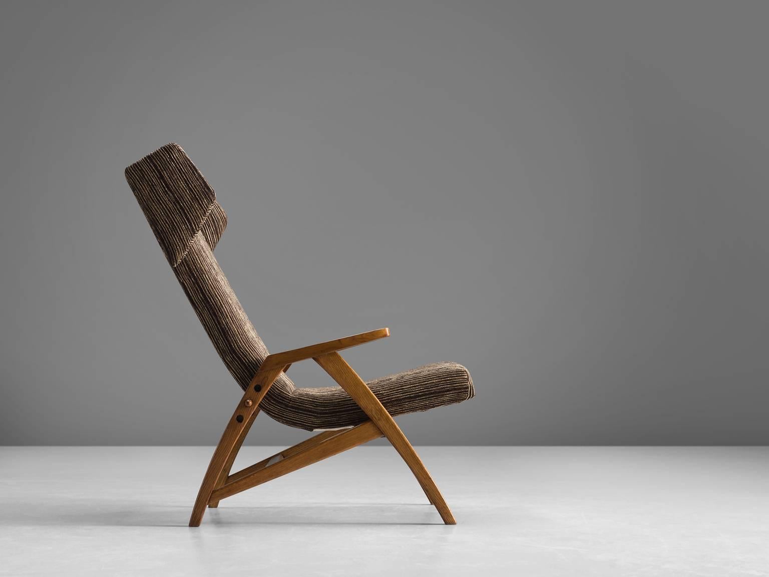 Mid-Century Modern Reclining Wingback Chair in Solid Oak, 1940s