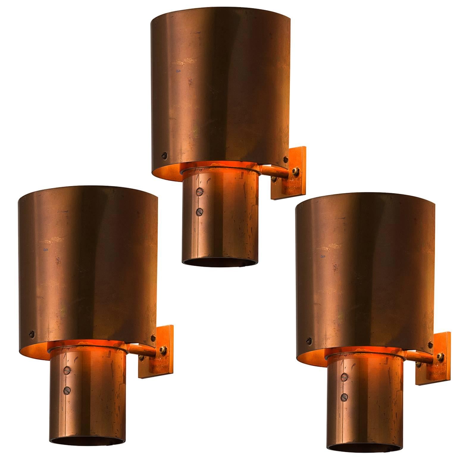 Set of Three Danish Copper Wall Lights, 1970s