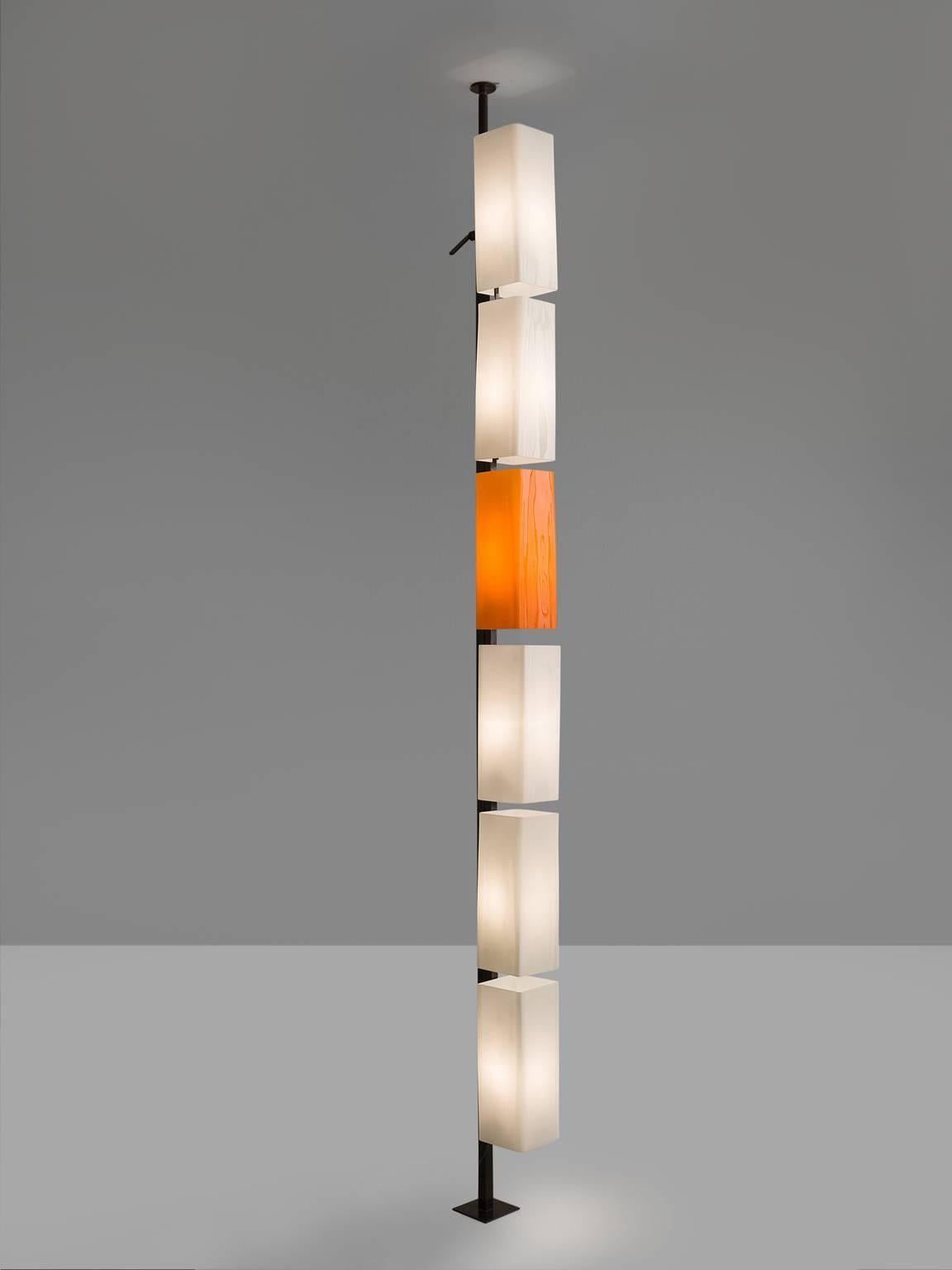 Floor lamp, orange and white glass, Italy, 1960s. 

This rare and unique floor lamp is typical for the post-modern design of the 1970s in Italy. The different glass lamp shades are placed above one another and form a simplistic yet playful whole