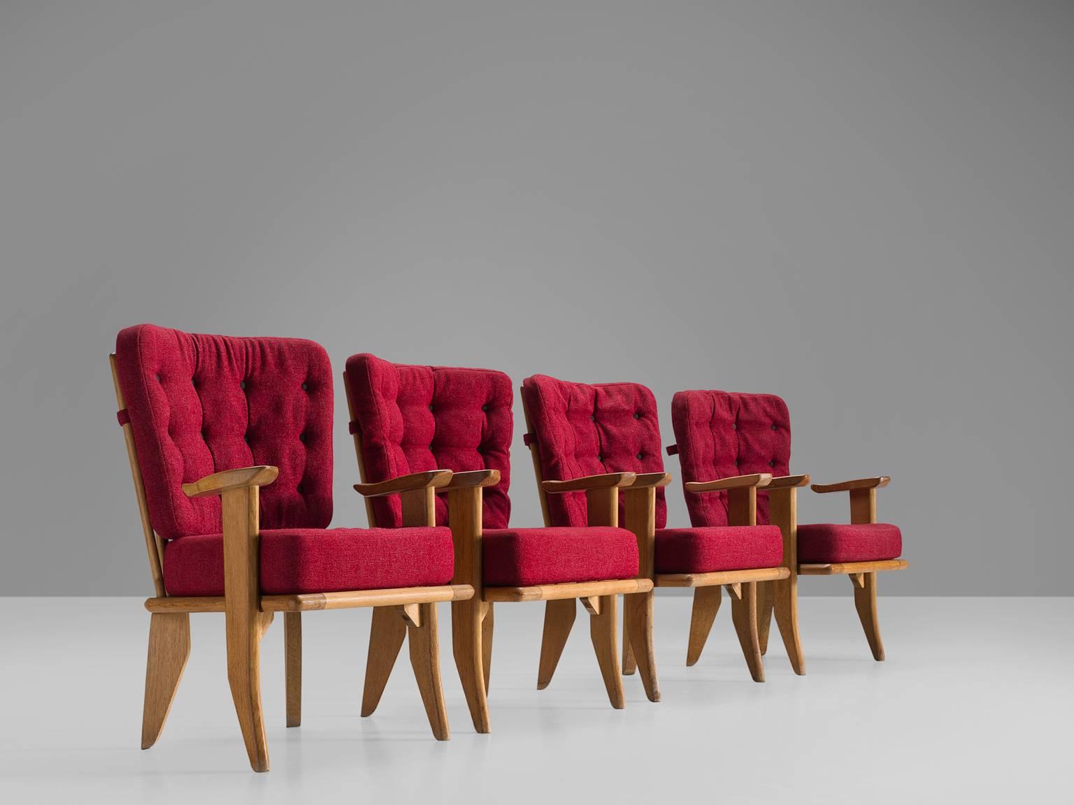 Mid-Century Modern Set of Four Red Guillerme and Chambron Solid Oak Chairs