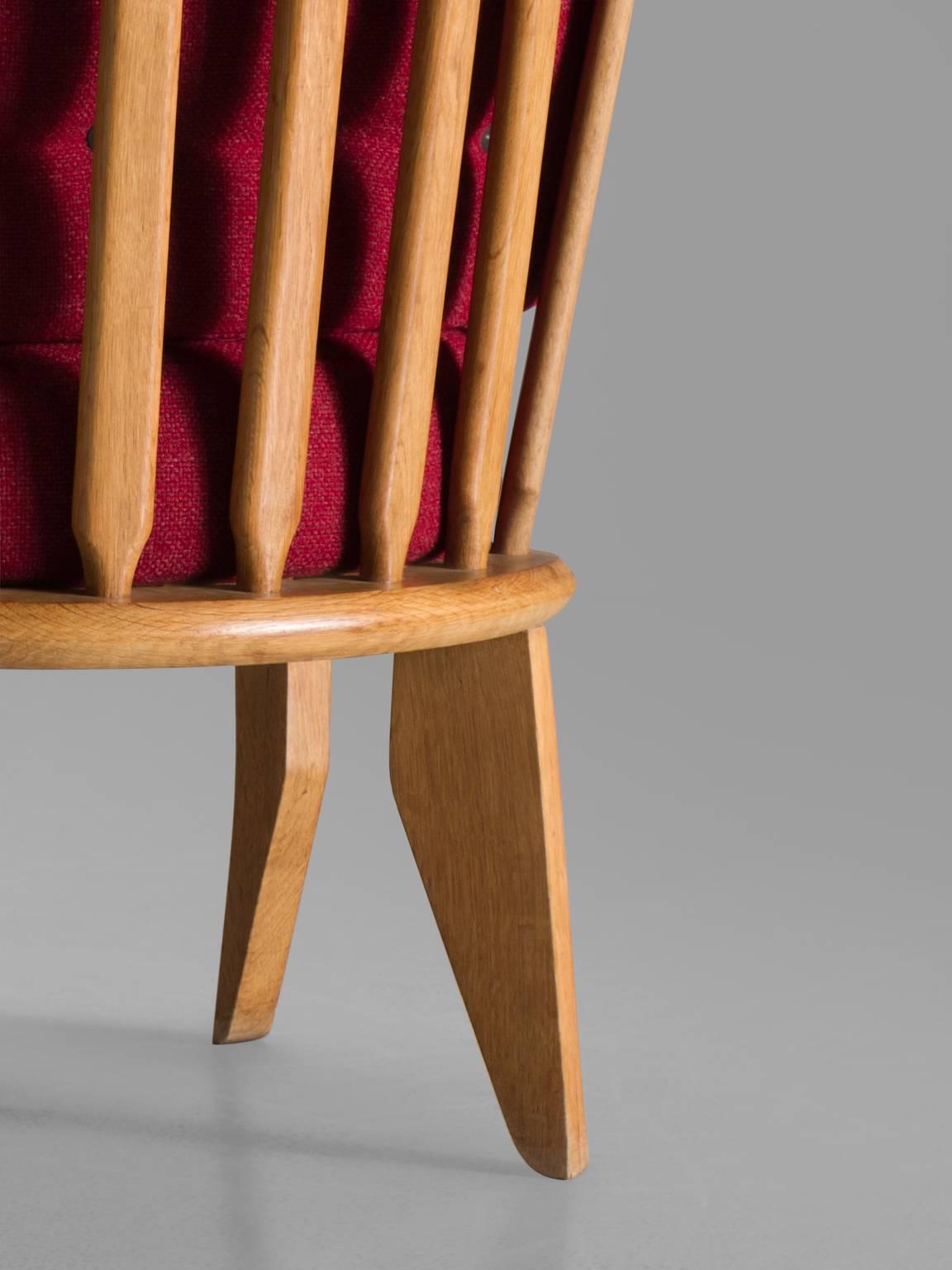 Fabric Set of Four Red Guillerme and Chambron Solid Oak Chairs