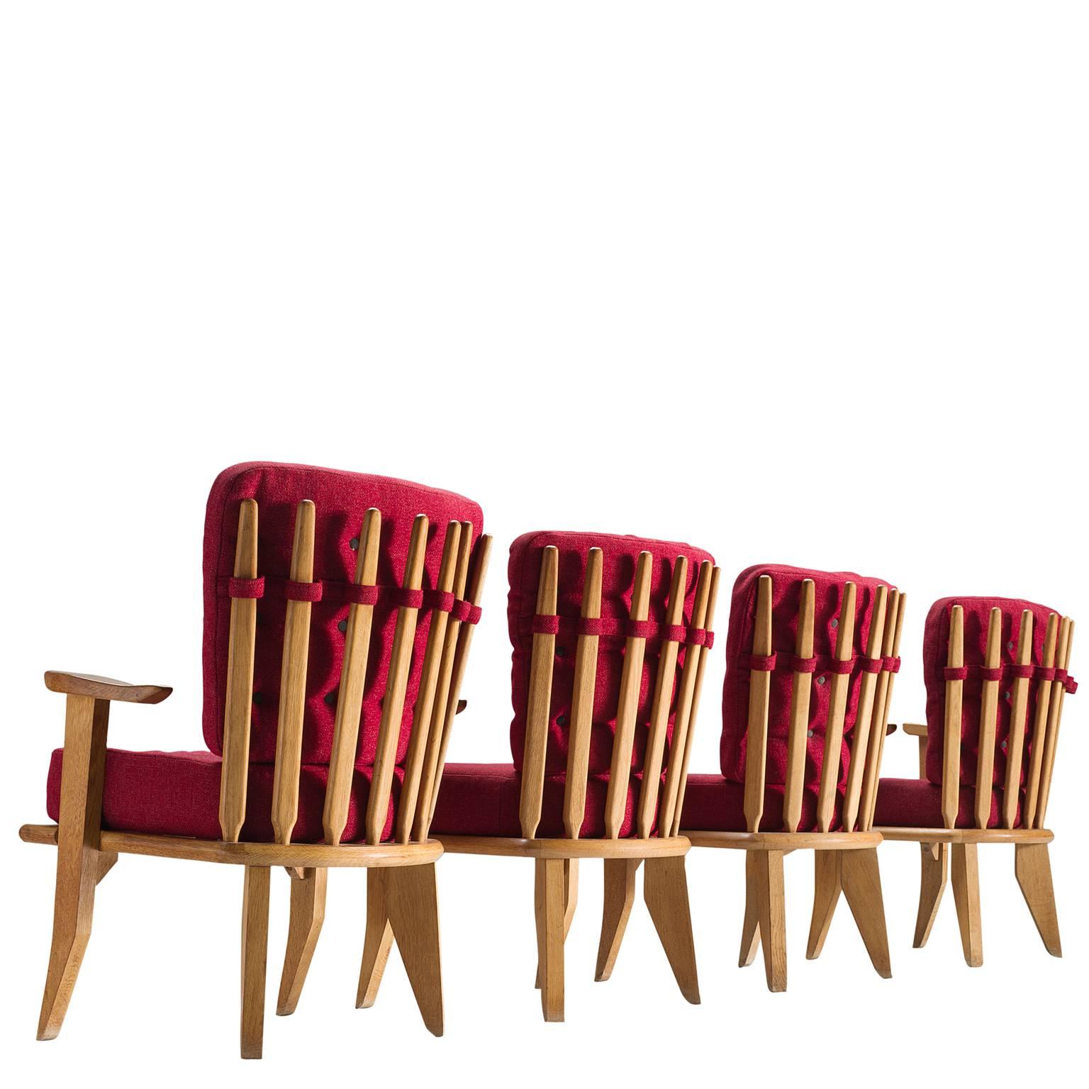 Set of Four Red Guillerme and Chambron Solid Oak Chairs