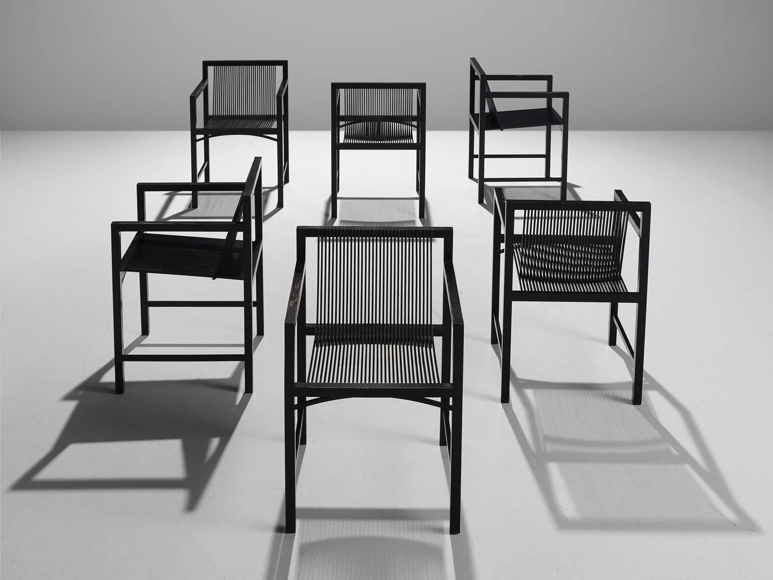 Six dining chairs, painted black birch by Ruud-Jan Kokke, The Netherlands, 1984. 

This set of chairs is executed in birch that has been painted black. The chairs are joint together by means of construction, meaning that no nails are used. The