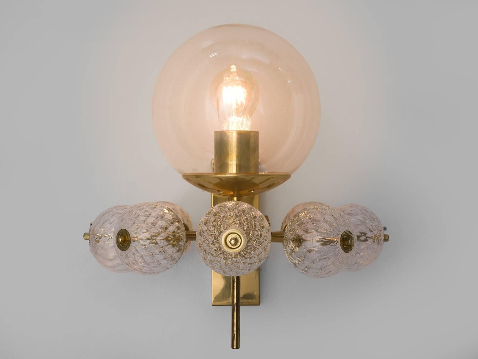 Mid-Century Modern Three Wall Lights in Brass and Structured Glass