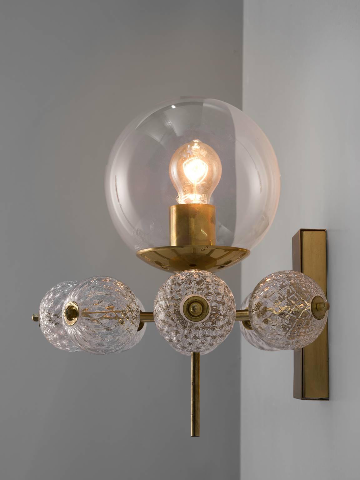 European Three Wall Lights in Brass and Structured Glass