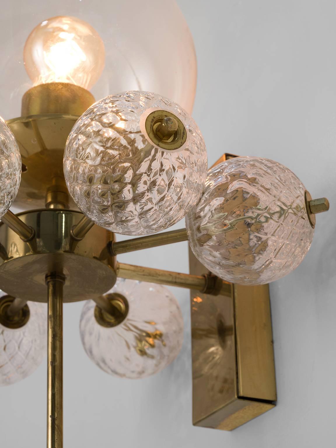 Three Wall Lights in Brass and Structured Glass In Good Condition In Waalwijk, NL