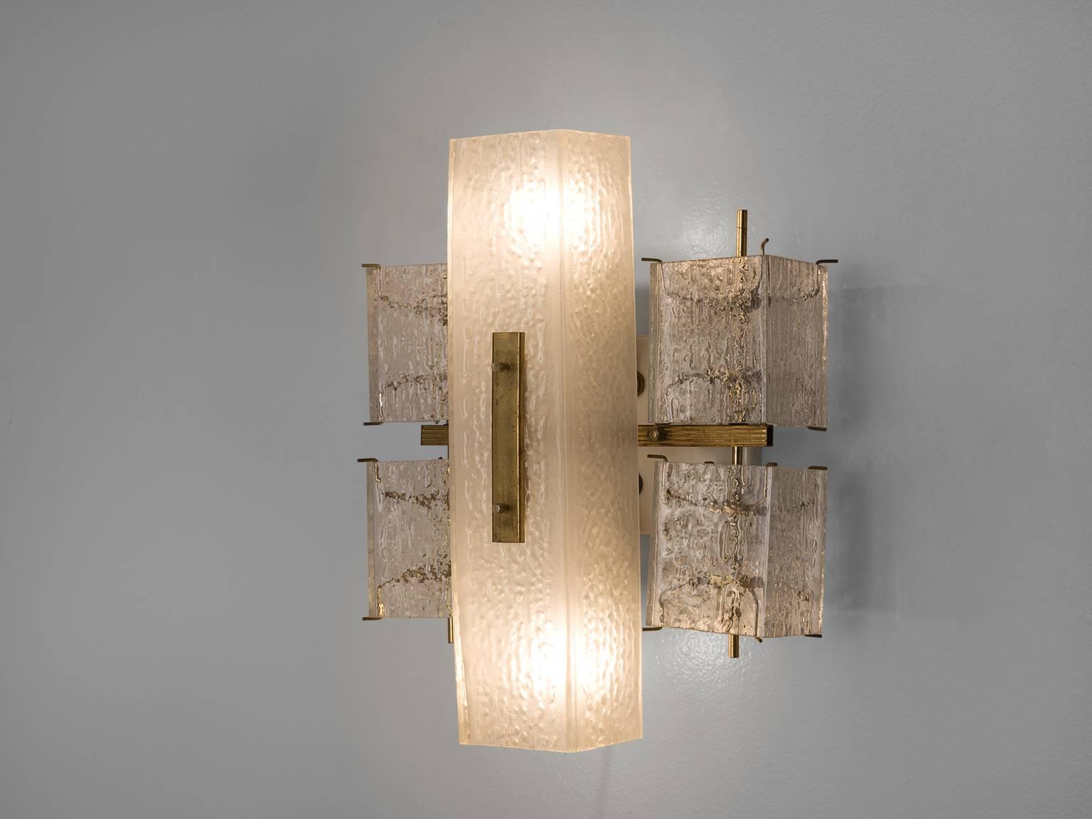 Mid-Century Modern Set of Three Wall Lights with Structured Glass and Brass