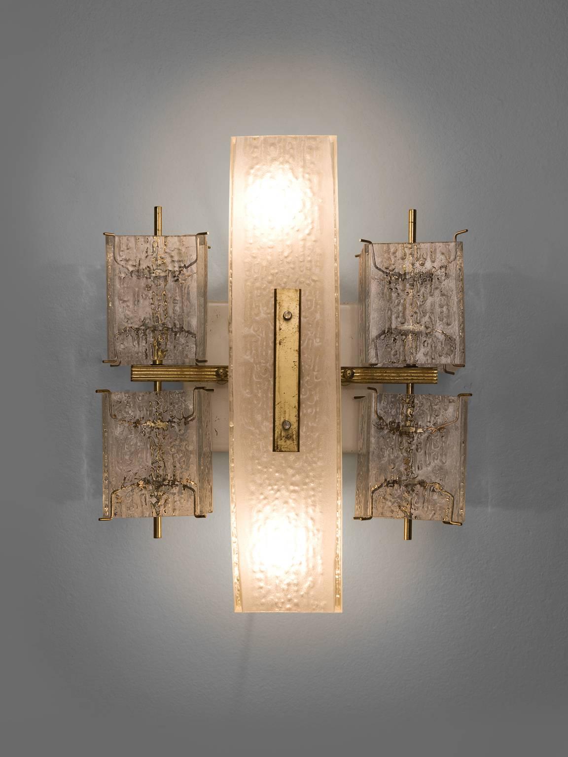 European Set of Three Wall Lights with Structured Glass and Brass