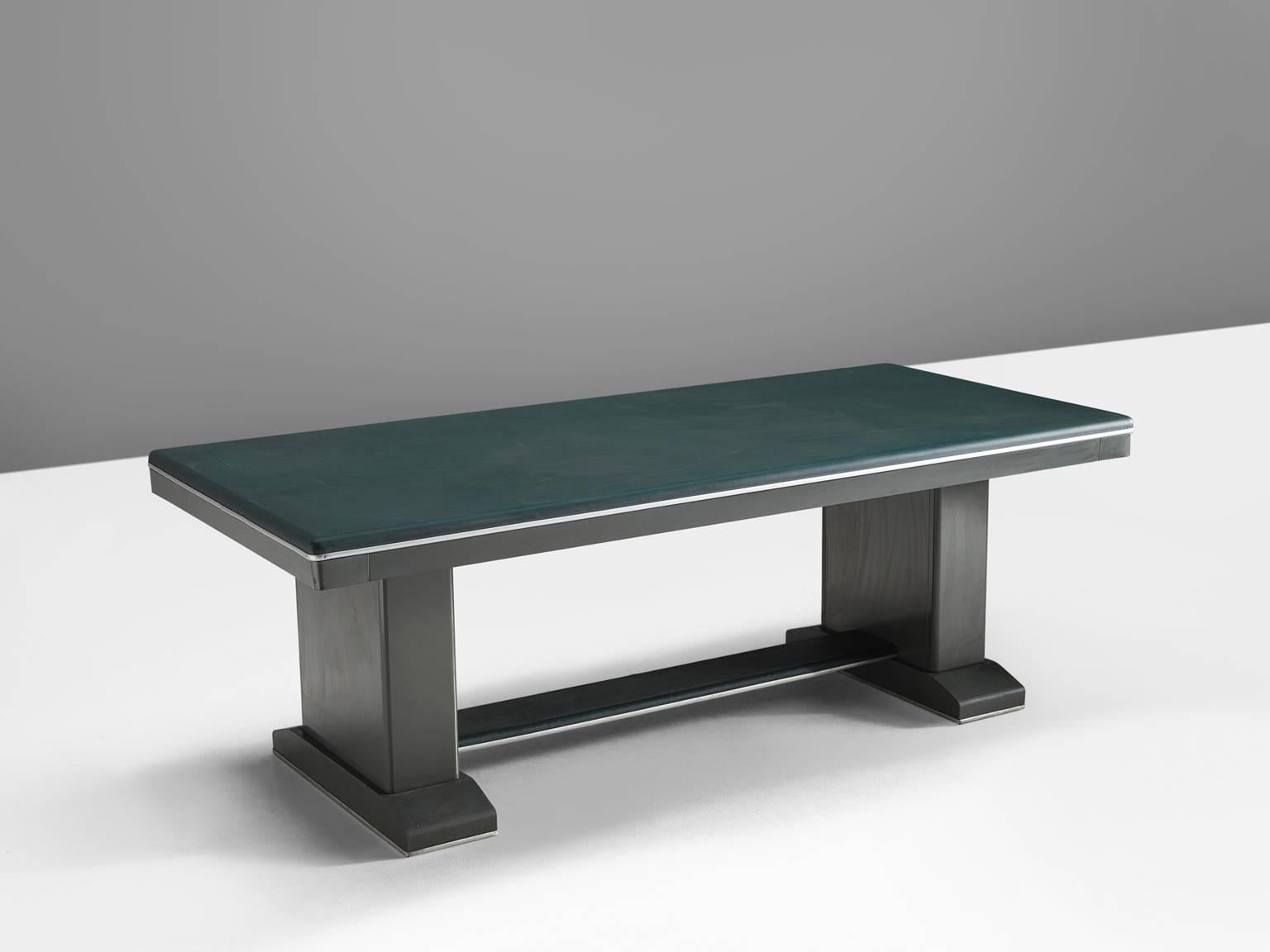 Dining table or writing table, coating, steel, Netherlands, 1980s..

This sturdy table features two this metal legs and a large, thick metal and green coated top. The metal base is brushed a wonderful sleek contrast with the warm, soft and deep