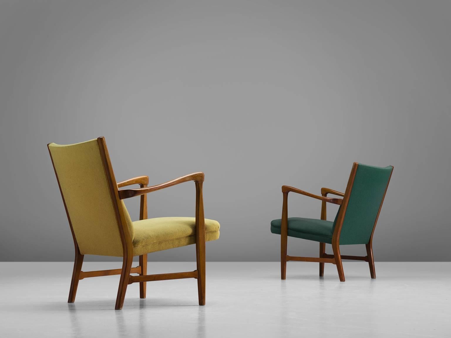Scandinavian Modern Danish Reclining Wingback Chairs in Green and Yellow Upholstery, 1950s
