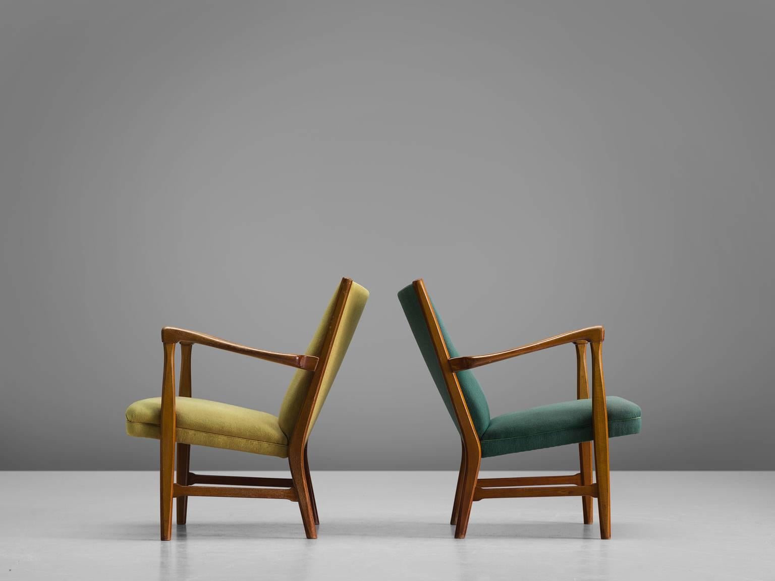 Mid-20th Century Danish Reclining Wingback Chairs in Green and Yellow Upholstery, 1950s
