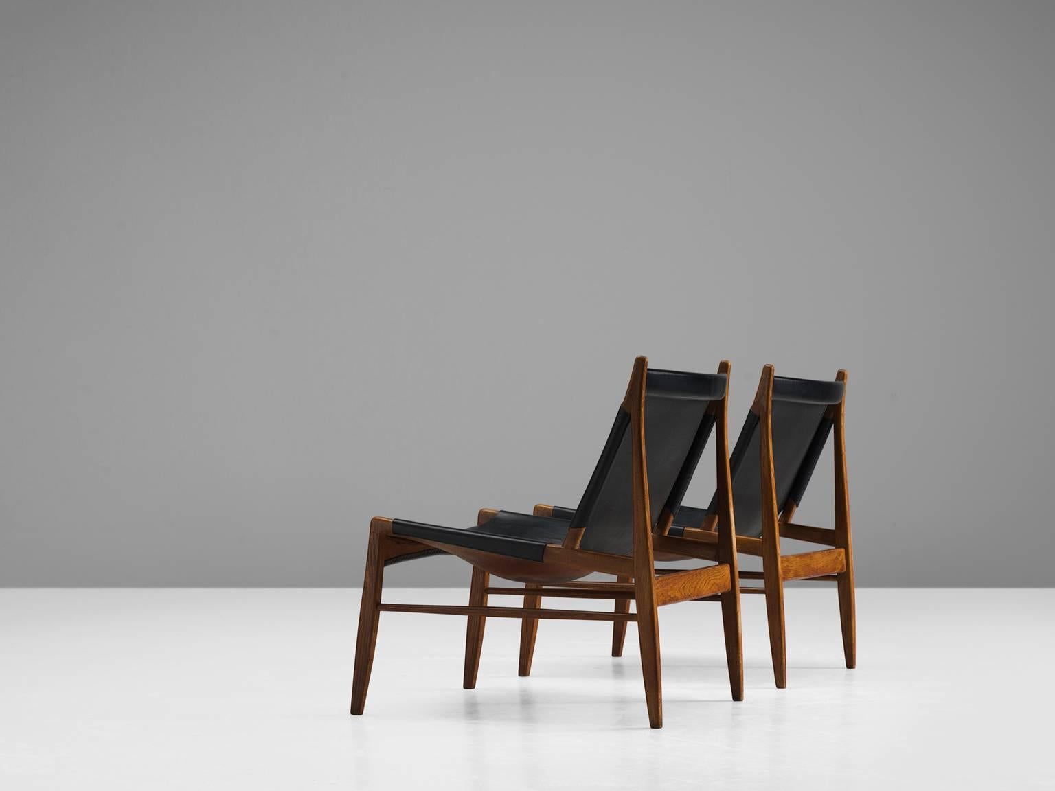 Mid-Century Modern Pair of Hunting Chairs by Franz Xaver Lutz in Original Black Leather