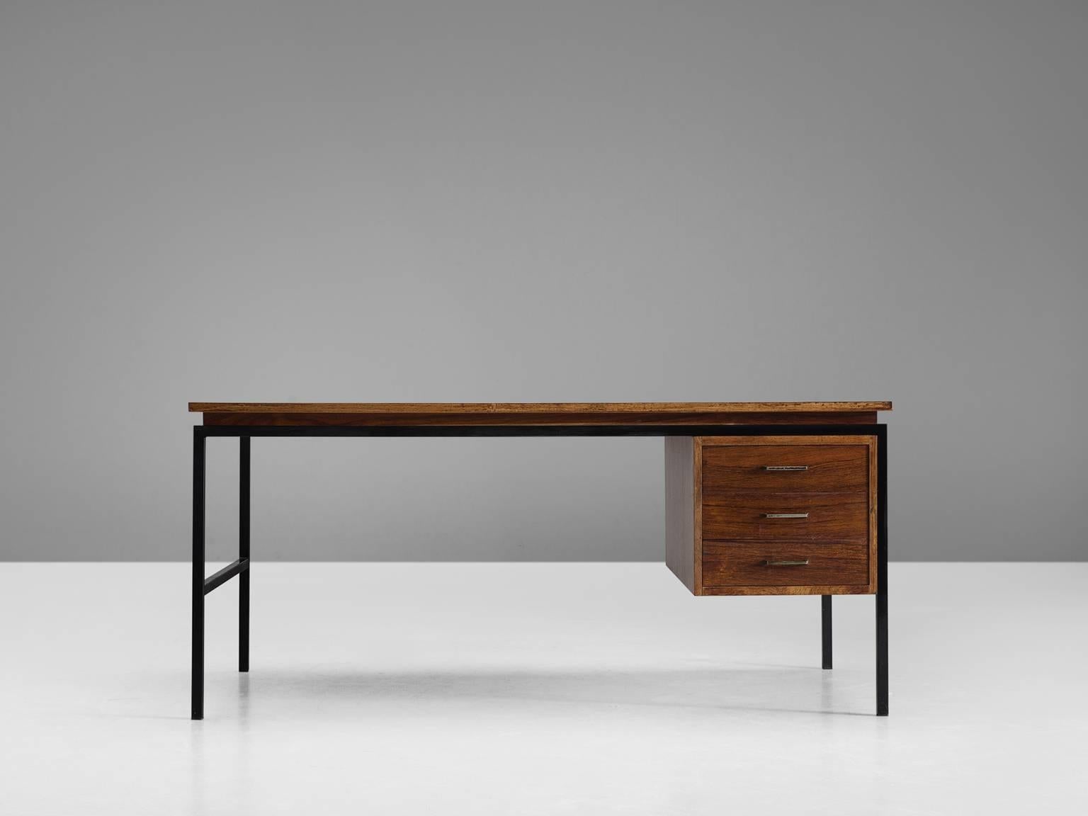 Scandinavian Modern Danish Desk in Rosewood and Black Steel Frame