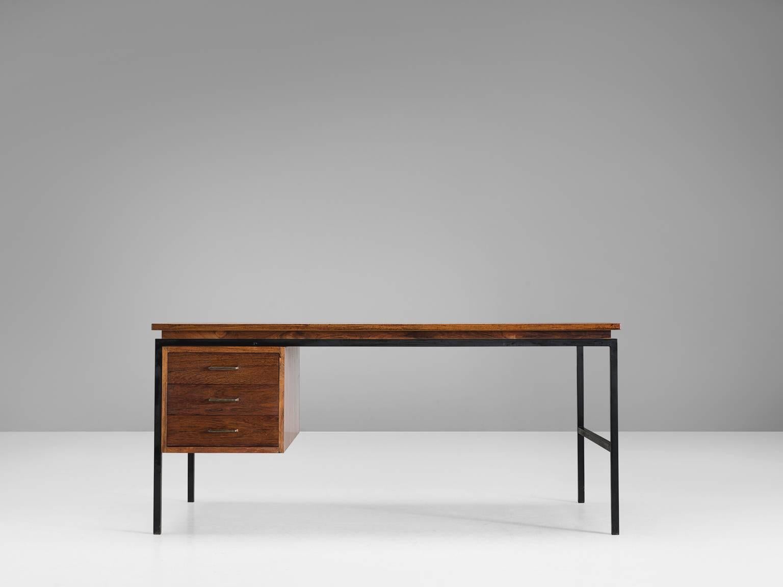 Danish Desk in Rosewood and Black Steel Frame In Good Condition In Waalwijk, NL