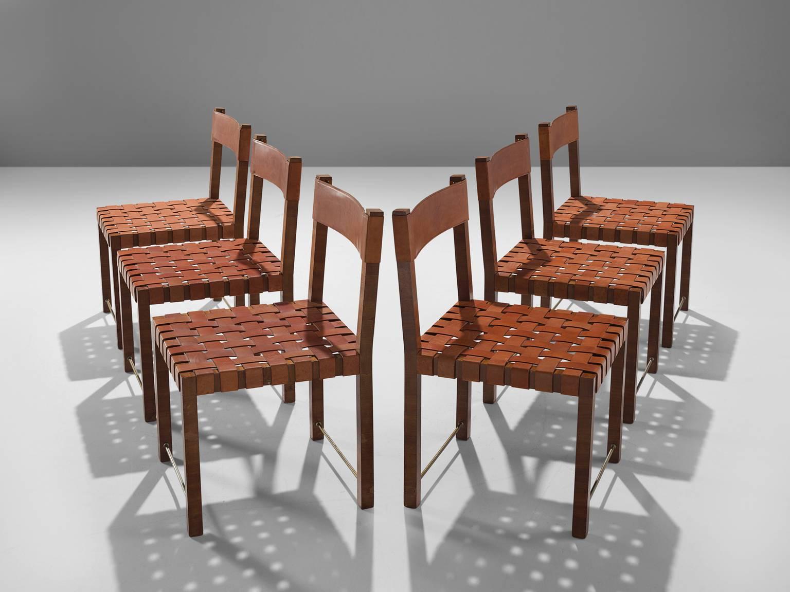 Mid-Century Modern Six Chairs with Cognac Leather Back and Seat
