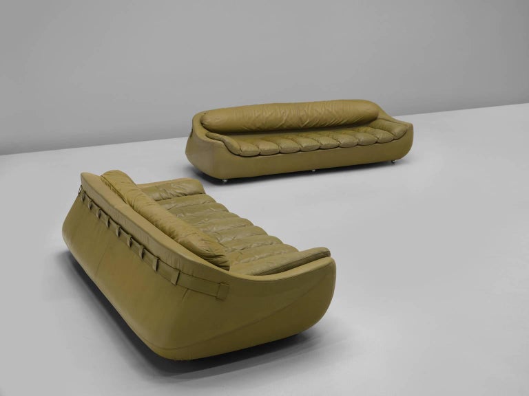 Set of Two Olive Green Leather Sofas For Sale at 1stdibs