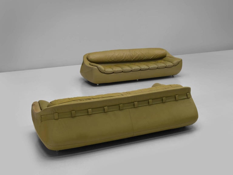 Set of Two Olive Green Leather Sofas For Sale at 1stdibs