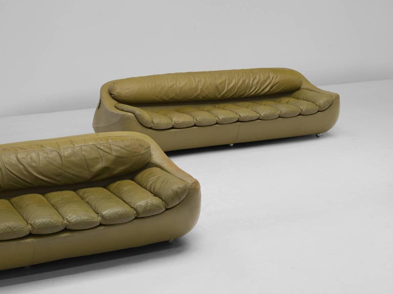 Set of Two Olive Green Leather Sofas For Sale at 1stdibs