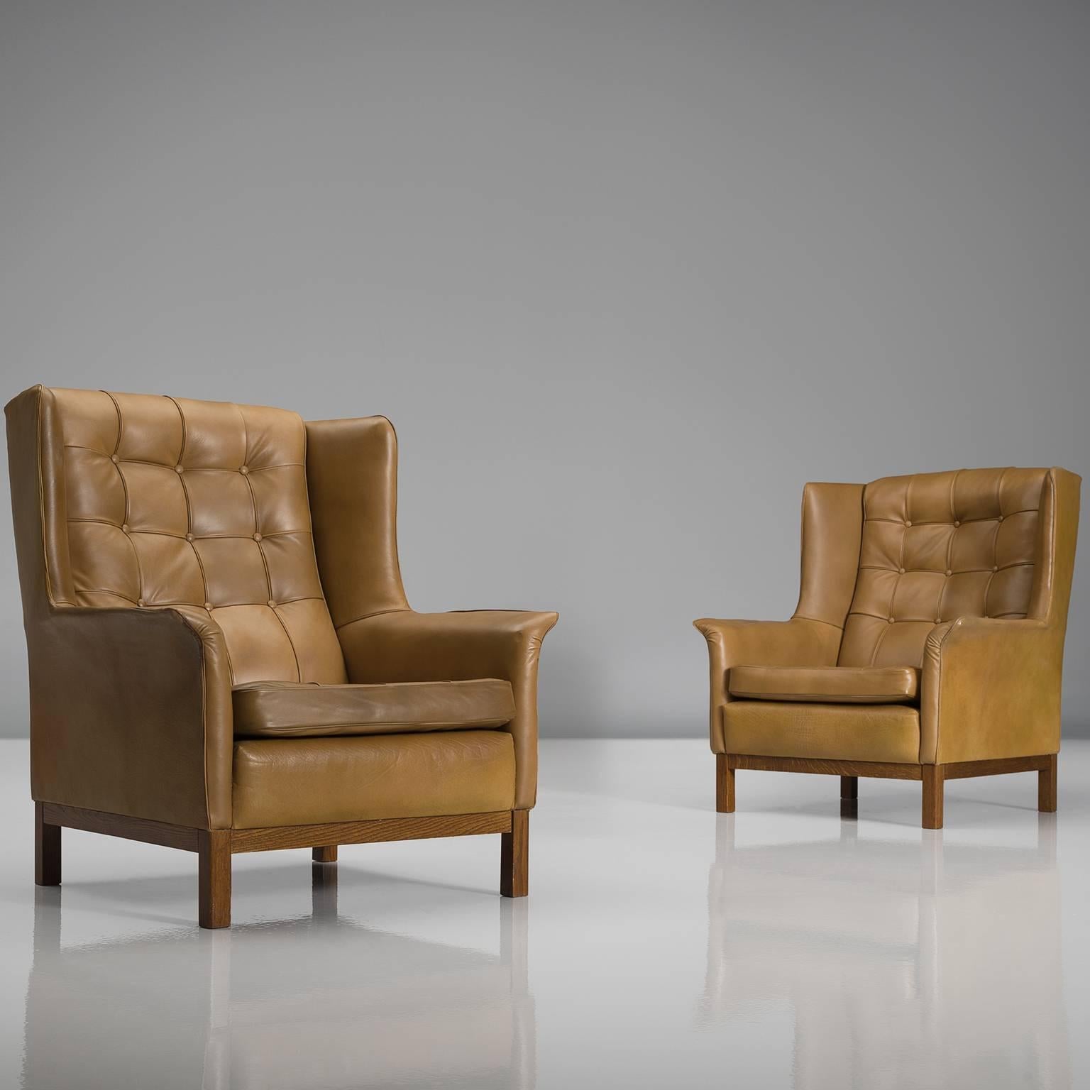 Arne Norell Matching Pair of High Back Chairs in Patinated Cognac Leather 1