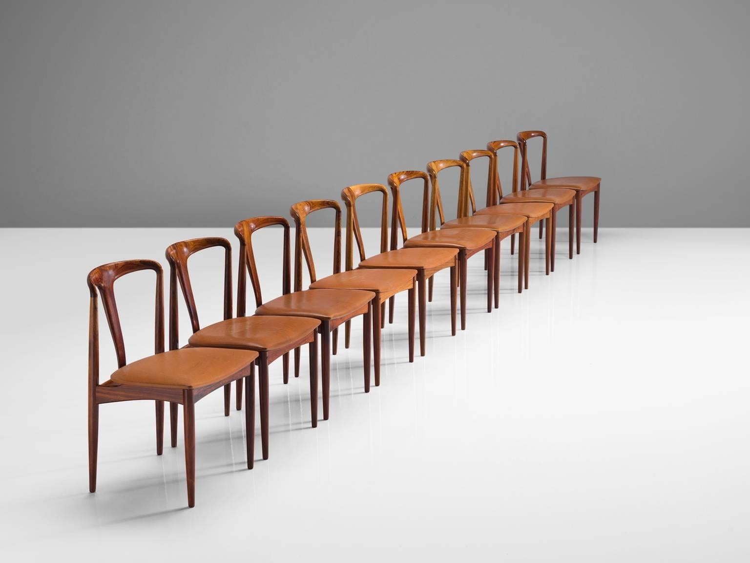 Scandinavian Modern Johannes Andersen Set of Ten 'Juliane' Chairs in Rosewood and Cognac Leather