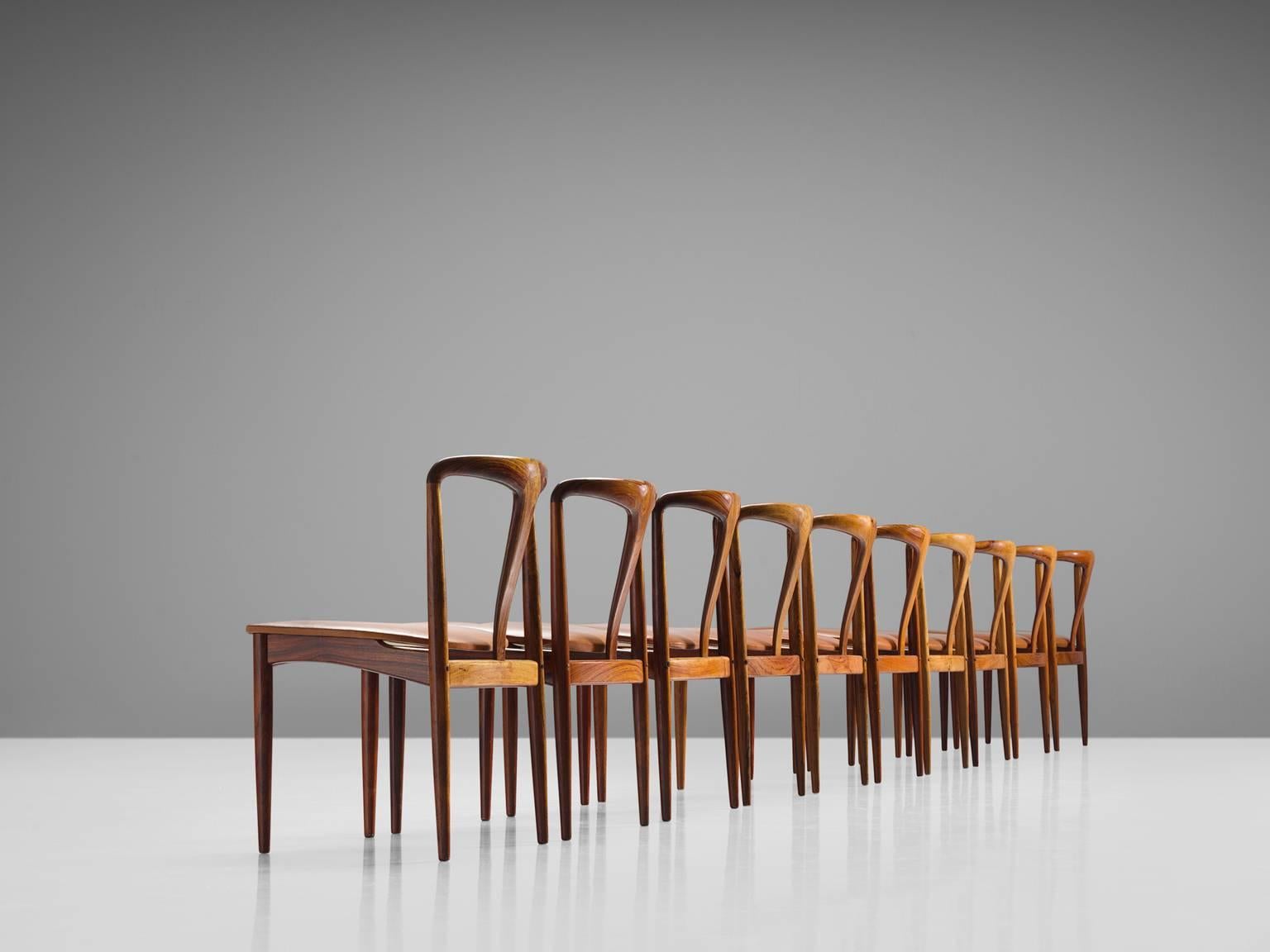 Danish Johannes Andersen Set of Ten 'Juliane' Chairs in Rosewood and Cognac Leather