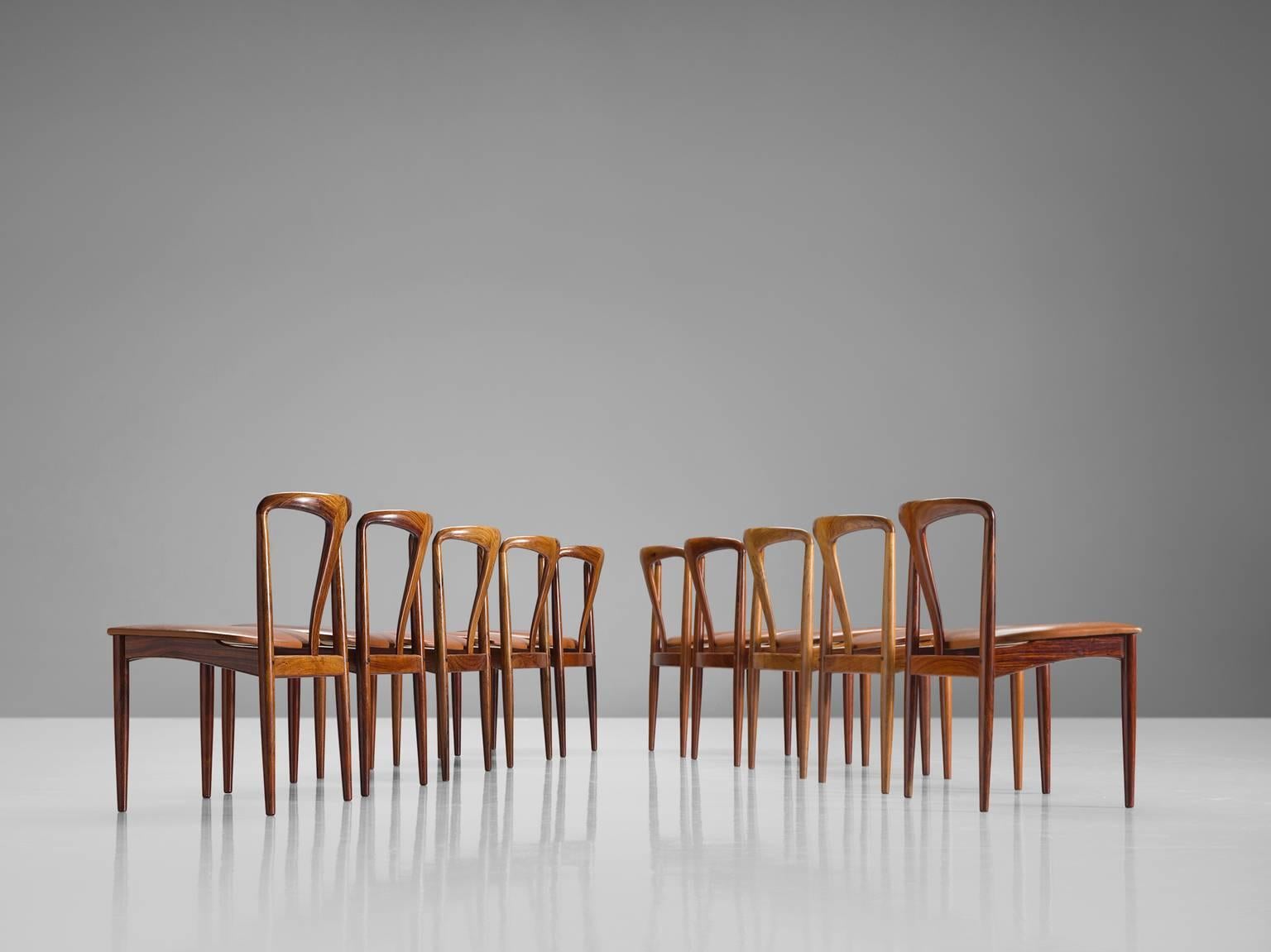 Johannes Andersen Set of Ten 'Juliane' Chairs in Rosewood and Cognac Leather In Good Condition In Waalwijk, NL