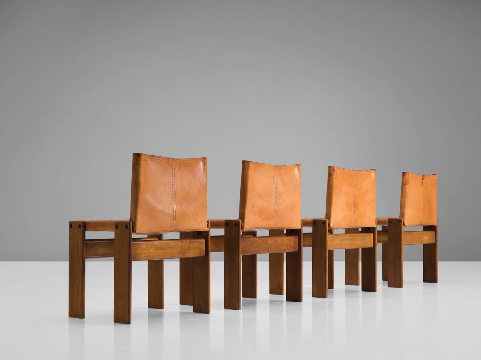 Italian Scarpa Monk Chairs in Patinated Cognac Leather