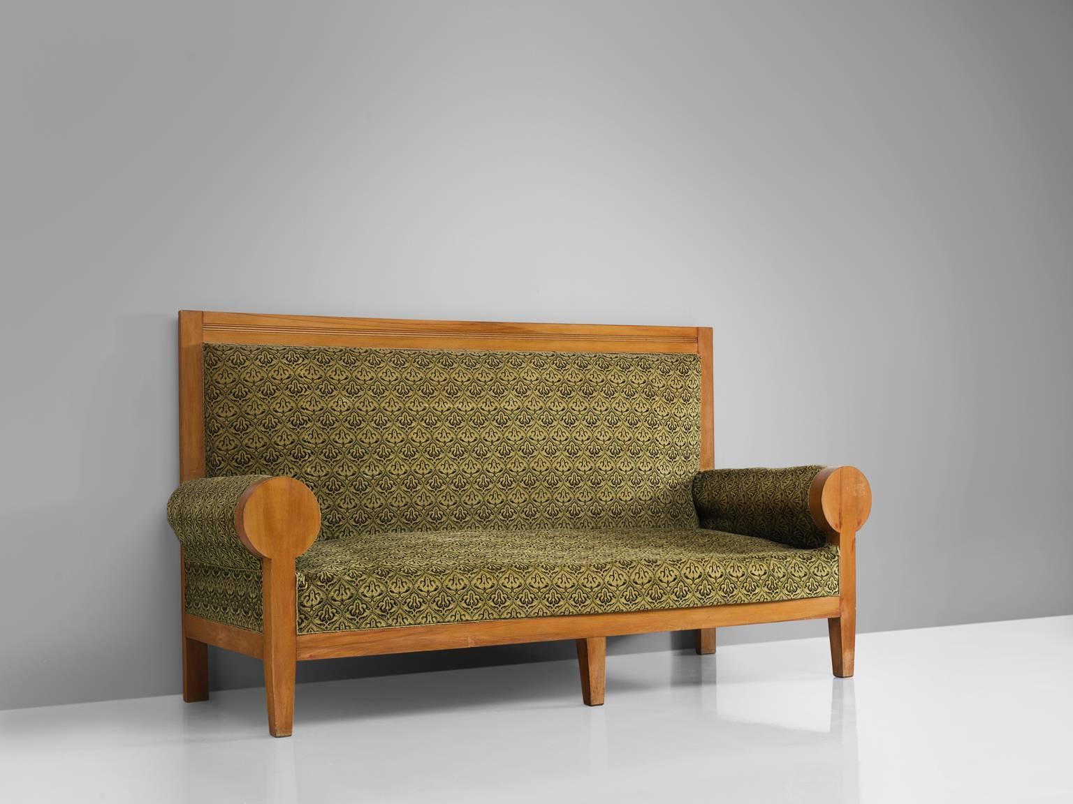 Italian High Back Art Deco Sofa in Green Fabric Upholstery