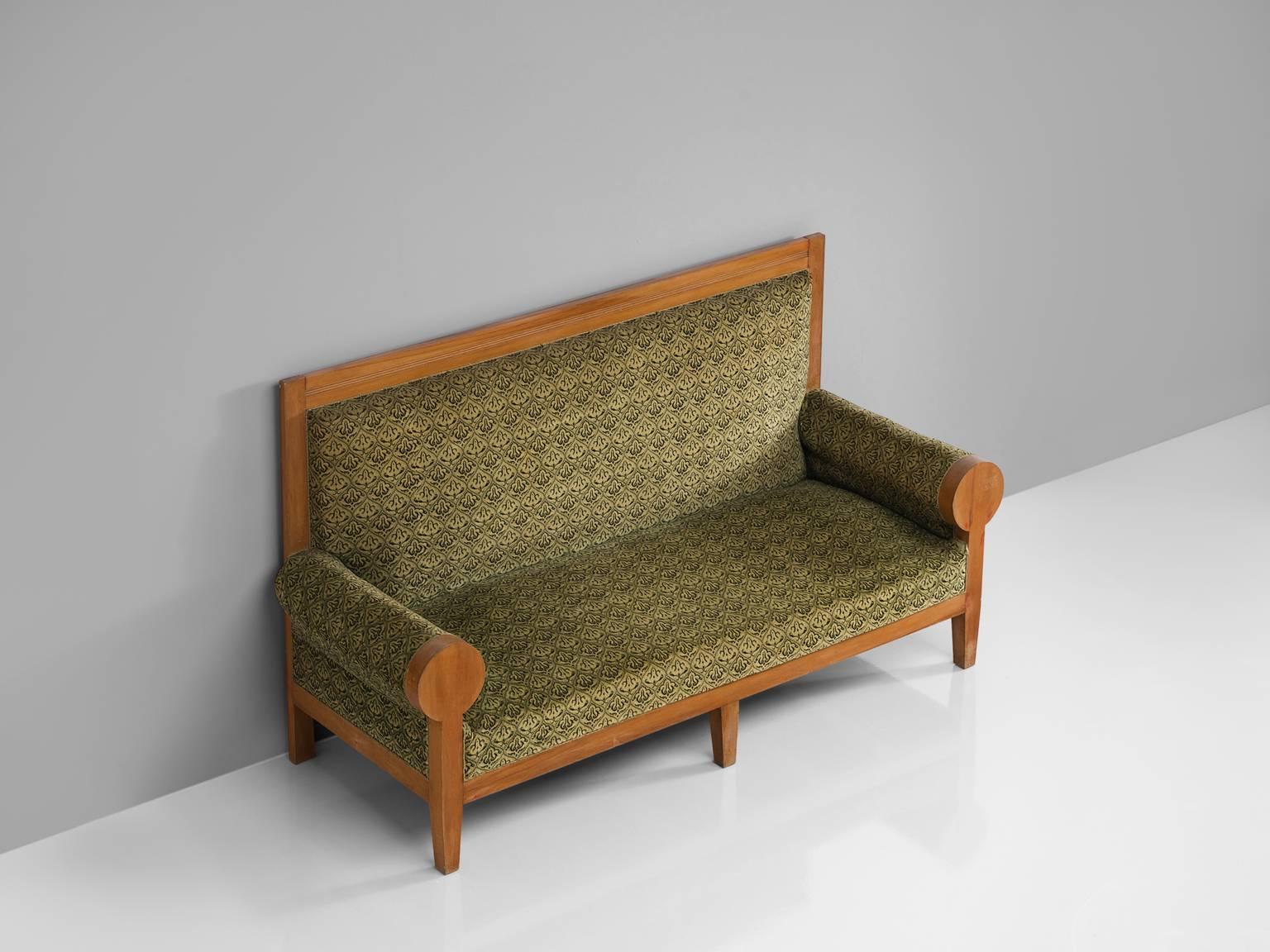 Mid-20th Century High Back Art Deco Sofa in Green Fabric Upholstery