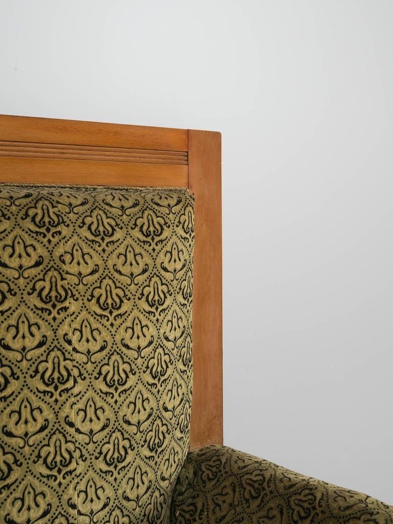 High Back Art Deco Sofa in Green Fabric Upholstery For Sale at 1stDibs