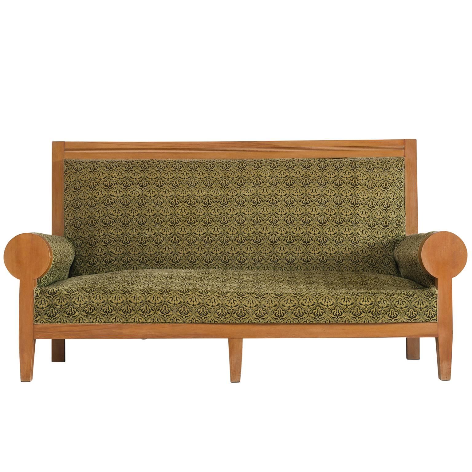 High Back Art Deco Sofa in Green Fabric Upholstery