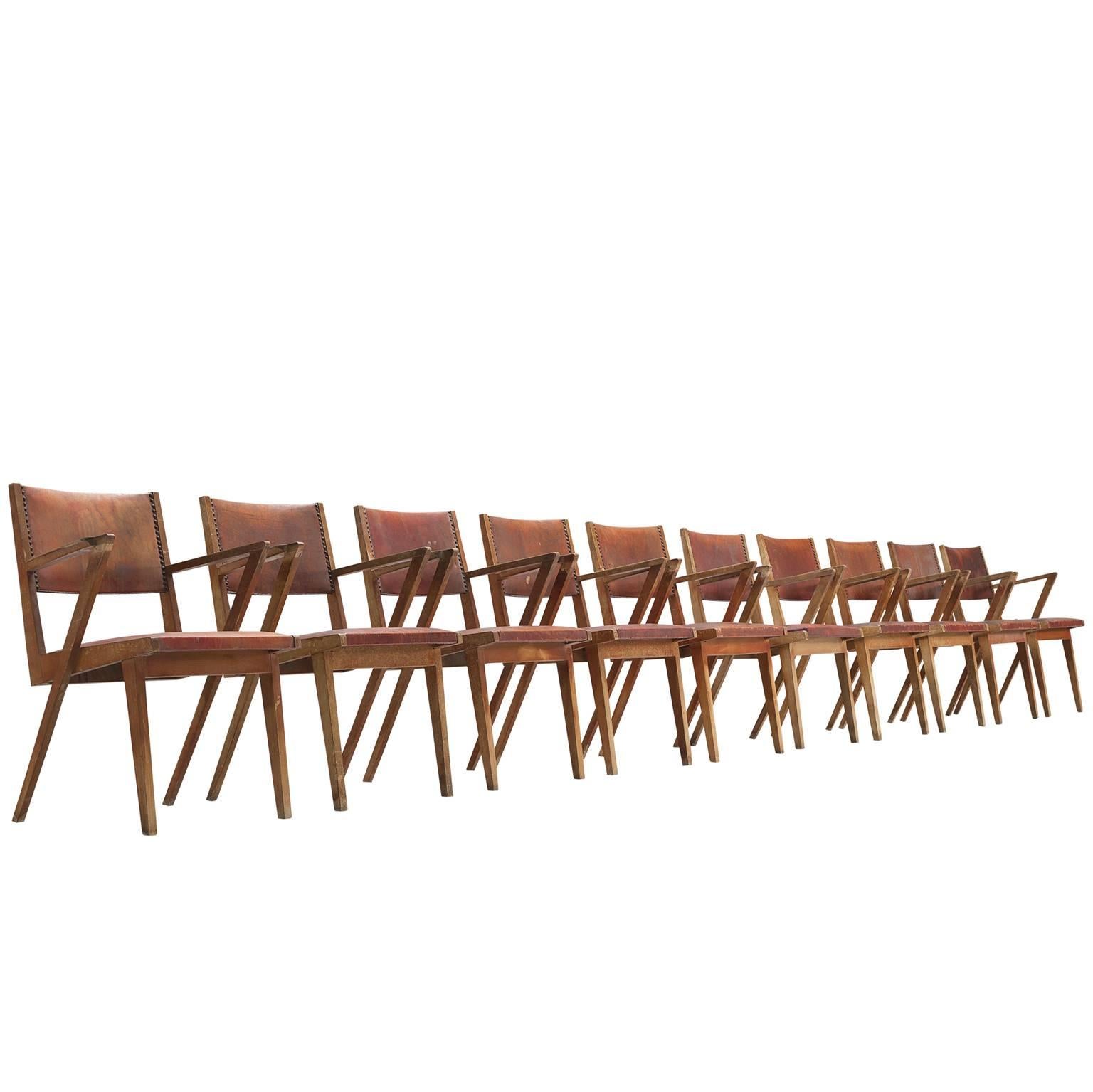 De Coene Set of Ten Armchairs in Leather and Oak