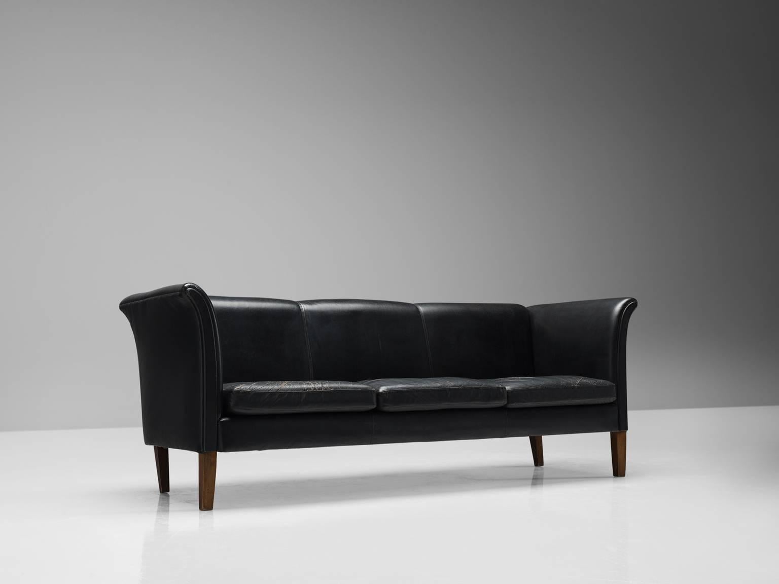 Scandinavian Modern Swedish Three-Seat in Black Leatherette