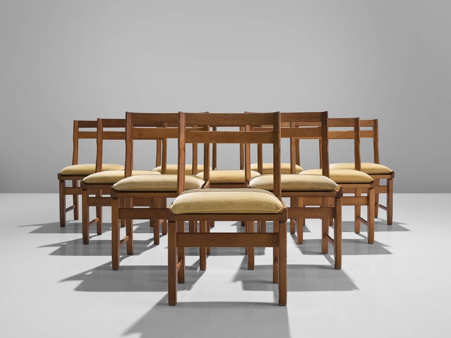 Mid-Century Modern Set of Ten Carved Oak Dining Chairs by Guillerme and Chambron