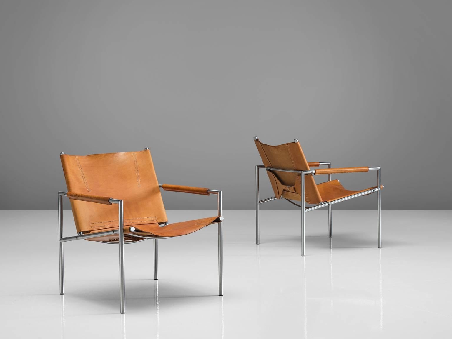 Mid-Century Modern Martin Visser Easy Chairs in Steel and Cognac Leather for 't Spectrum